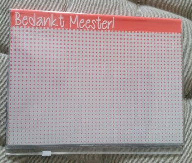 Notitieblok met insteekhoes achterzijde voor persoonlijke boodschap Bedankt Meester