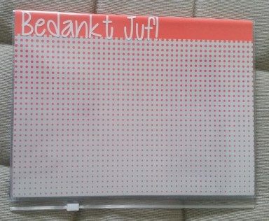 Notitieblok met insteekhoes achterzijde voor persoonlijke boodschap Bedankt juf