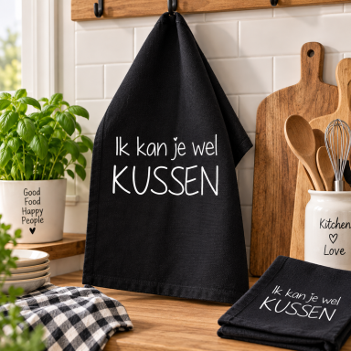 Theedoek met tekst bedrukt cadeau ik kan je wil kussen