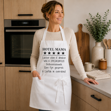 Keukenschort met grappige tekst bedrukt Hotel Mama