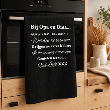 Theedoek met tekst bedrukt cadeau Bij opa en oma thuis regels