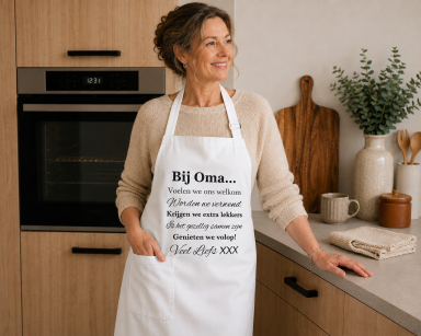 Keukenschort met grappige tekst bedrukt cadeau Bij oma thuis regels