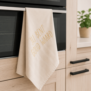 Theedoek met tekst bedrukt cadeau jij bent goud waard