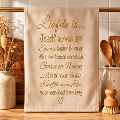 Theedoek met tekst bedrukt cadeau liefde is